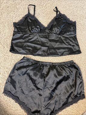 SHEIN Black Satin Lace-Trim Cami and Shorts Sleep Set